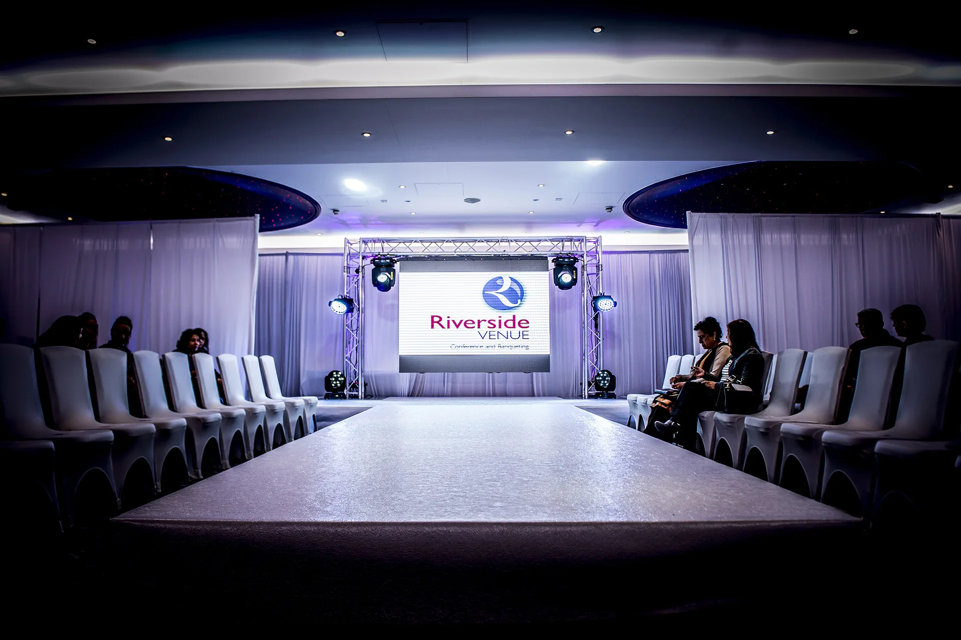 Event stage and screen inside Riverside Venue